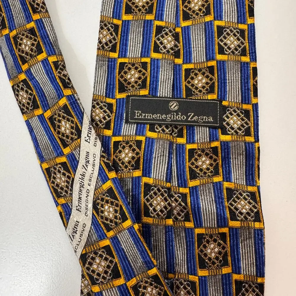 VTG Ermenegildo Zegna Point Necktie Blue Gold Geometric Squares Formal Business